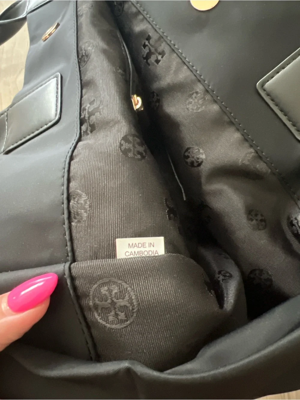 Tory Burch Black Nylon Ella Tote Bag Double T Logo Leather Trim Large Shopper
